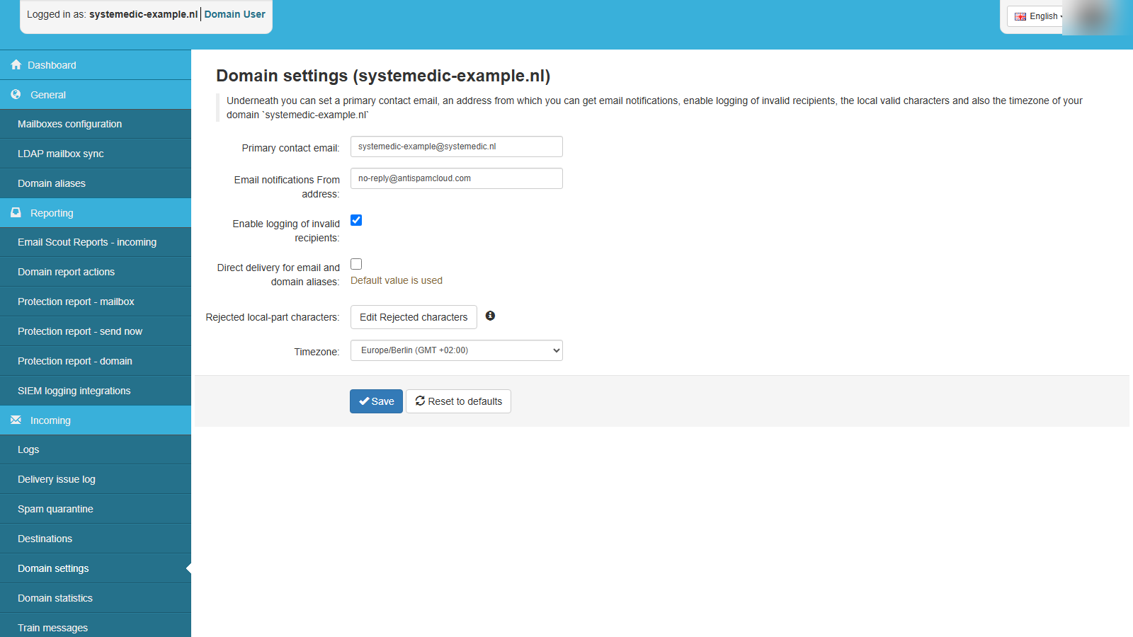 SpamExperts Domain Settings